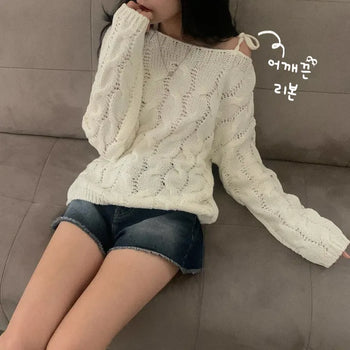 [New Autumn Arrival/Delicate~] Cable Knit Oversized Off-Shoulder Long Sleeve Knit (4 colors)
