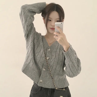 Avant-garde Loose Fit, Daily V-Neck Cable Knit Long Sleeve Cardigan
