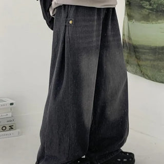 (Short, Long) Loose Pintuck Snap Denim Pants