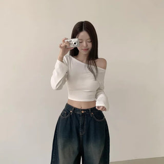 Slimming Asymmetrical Off-Shoulder Plain Cropped Long Sleeve T-Shirt