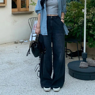 Gray long black denim wide straight pants