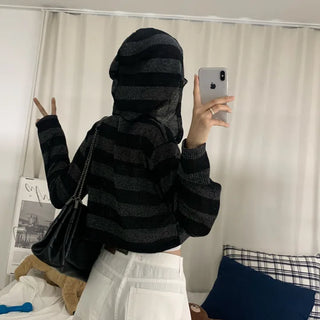 [Delicate~] Striped Crop Long Sleeve Hoodie (2 colors)