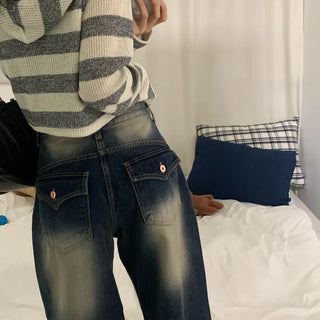 Back pocket distressed vintage wide denim long pants