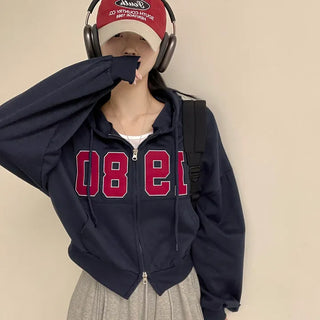Embroidery Details! 1980 Embroidered Lettering Two-Way Crop Zip-Up Hoodie