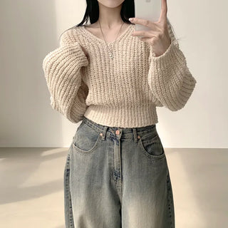 Guaranteed Beauty, Thick Hazzi V-Neck Balloon Crop Long Sleeve Knit
