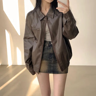 Boxy Collar Oversized Elastic Leather Jacket with a Loose Fit for Comfort