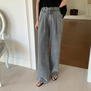 Gray pintuck wide denim