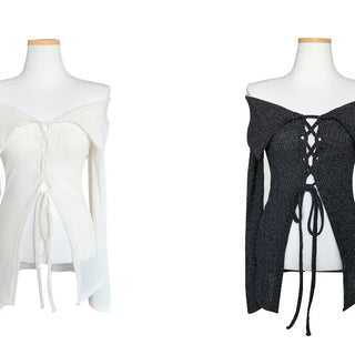 Elline Eyelet Off-Shoulder Ribbed Knit Cardigan
