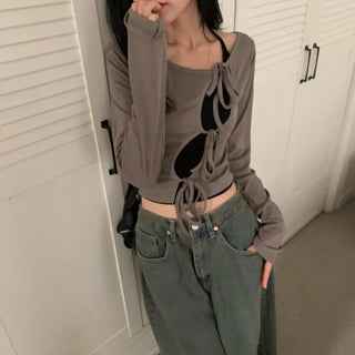 [New Autumn Arrivals] Ribbon Slit Long Sleeve T-shirt Cardigan (3 colors)