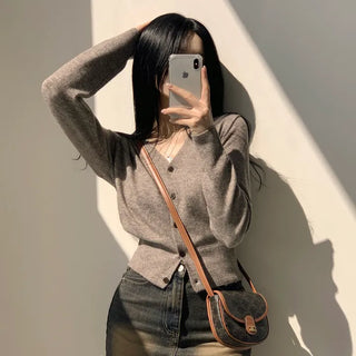 Slimming Cashmere V-Neck Plain Cropped Long Sleeve Knit Cardigan