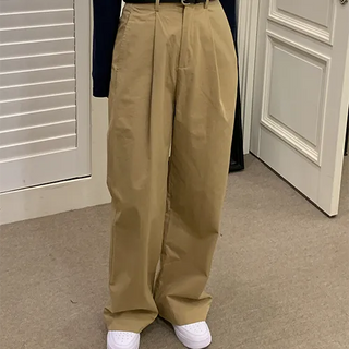 Mousse Back Elastic Straight Pintuck Beige Cotton Wide Pants