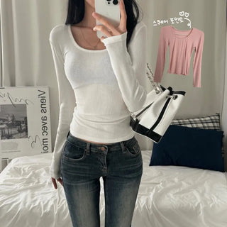 [Bun-tta Look/Slim Fit/Cinched Waist] Glam Basic Square Neck Modal Long Sleeve T-shirt (6 colors)