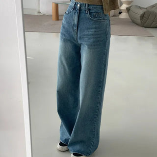 Long medium-wash straight wide denim
