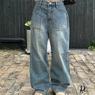 Waisty Front Cut Big Pocket Studded Denim Pants