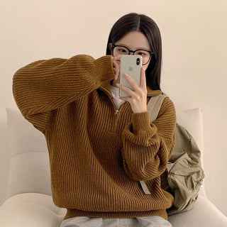 Effortlessly chic, Thick Hacci Half-zip Collar Loose Fit Long Sleeve Knit