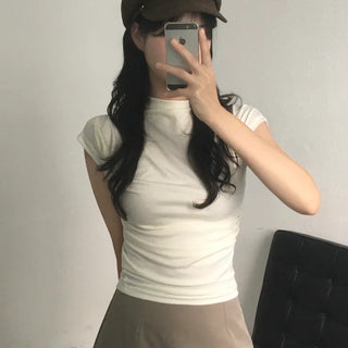 mock neck pintuck short-sleeve tee