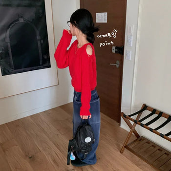 [New Autumn Arrivals/Cinched Waist] Tomato Delicate Fit Shoulder Cutout Ribbon Long Sleeve Knit Top (6 colors)