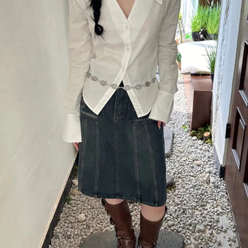 Retro Cut-Line Denim Midi Skirt Pocket Denim Skirt