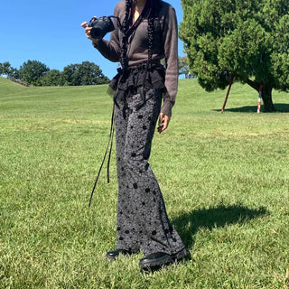 Unique floral pants, bootcut, elastic waistband, transitional leggings, tracksuit