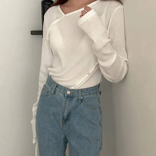 Layered Diagonal Button Tee Must-have item/Summer long sleeves/Beachwear/Vacation/Wedding guest look/Date