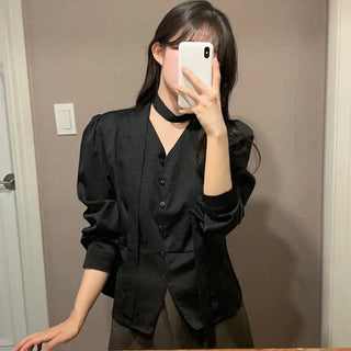 Tie Blouse  Date Look/Wedding Guest Look/V-Neck/Transitional Season/Long Sleeve/Blouse