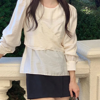 Spring Ribbon Puff Bustier Blouse  Long Sleeve Blouse/Layering/Date Look/Wedding Guest Look