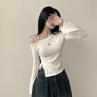 Figure-flattering Ribbed Asymmetrical Diagonal Off-Shoulder Shirred Long Sleeve T-shirt