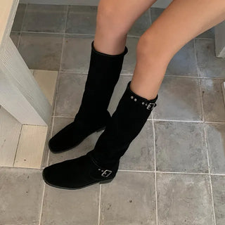 Real suede buckle boots