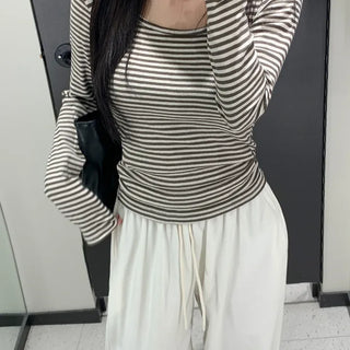 Striped U-neck Long Sleeve T-shirt