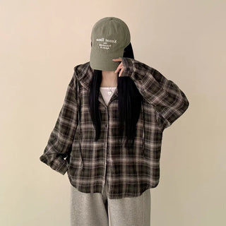 Cozy Covering Check Peach Cotton Vintage Hooded Drawstring Boxy Long Sleeve Shirt