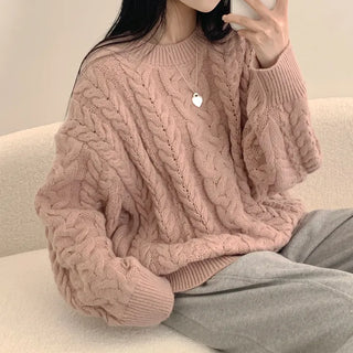 Lovely Mood, Thick Cable Knit Round Boxy Long Sleeve Knit