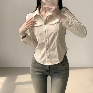 Relaxed Slim Fit, Corduroy Pocket Collar Toto Cut Rounded Hem Long Sleeve Shirt
