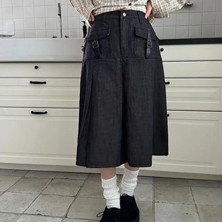 Espe Pocket Belted Midi Black Denim Skirt