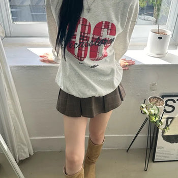 Check Numbering Off-Shoulder Oversized Sweatshirt Boat Neck Sweatshirt