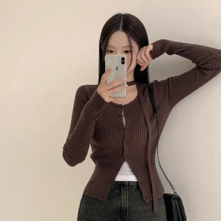 Feminine Mood, Wool Ribbed U-Neck Slim Fit Choker Long Sleeve Knit Cardigan