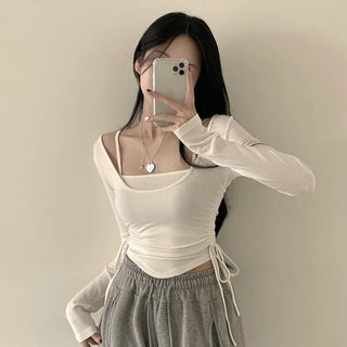 Stretchy, Tight-Wrapping Ribbed U-Neck Side-Shirred Cropped Long-Sleeve T-shirt + Cropped Sleeveless Layered Two-Piece Set