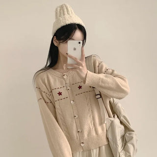 Full of cuteness, Cable Knit Round Embroidered Loose Fit Long Sleeve Cardigan