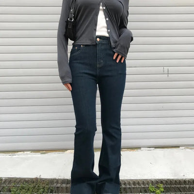 Stretch dark blue bootcut denim pants