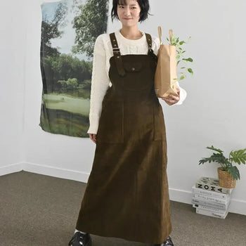 Nude corduroy long dress with suspenders