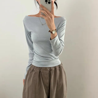 [Delicate/Slim Fit] Effortless Chic Off-Shoulder Long-Sleeve T-Shirt for Transitional Season (4 Colors)