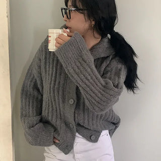 Gepetto Button Ribbed High-Neck Collar Wool Knit Cardigan
