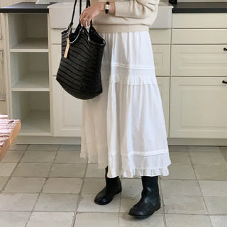 Spring Tiered Frill Lace Elastic Long Skirt