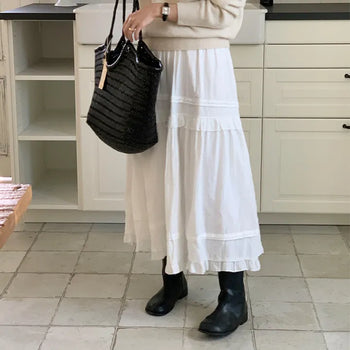 Spring Tiered Frill Lace Elastic Long Skirt