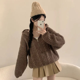 Color Masterpiece, Wool Hazzi Cable Knit Hooded Boxy Zip-Up Cardigan