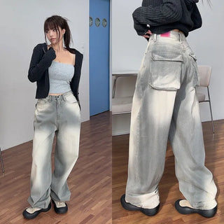 Palelet Pocket Washed Semi-High Wide Pants