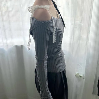 One-Shoulder Lace Ribbon Ribbed Knit Off-Shoulder Knit