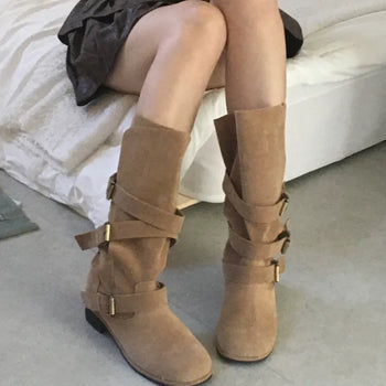 Suede buckle mid-calf boots
