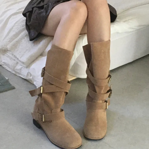 Suede buckle mid-calf boots