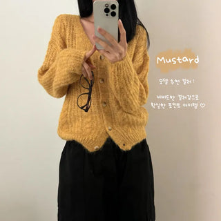 [12% Wool/Loose Fit] Mustard Alpaca V-Neck Long Sleeve Knit Cardigan (8 colors)