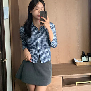 Neat Slim Check & White Rounded 3/4 Sleeve Shirt